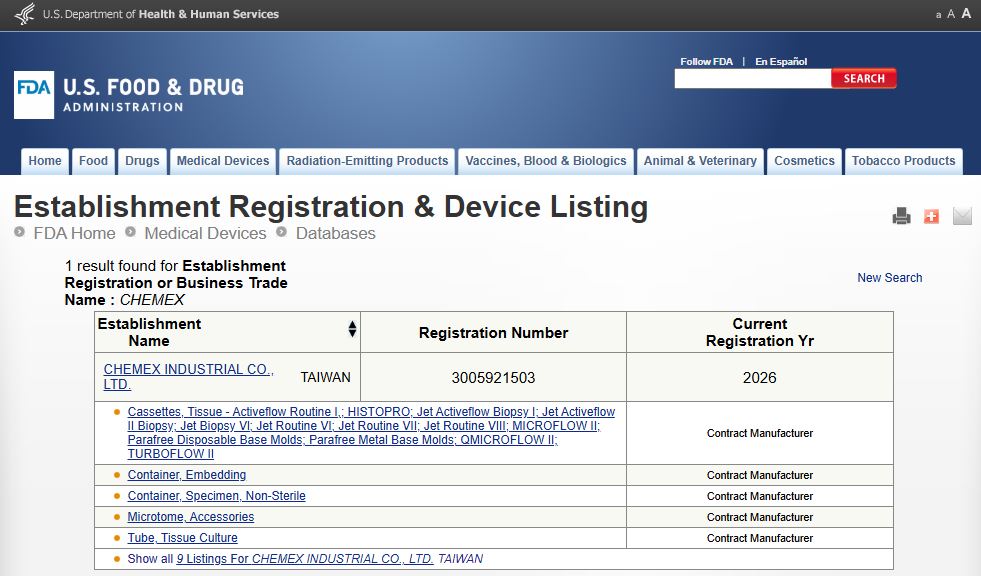 U.S. FDA Establishment Registration (2026)